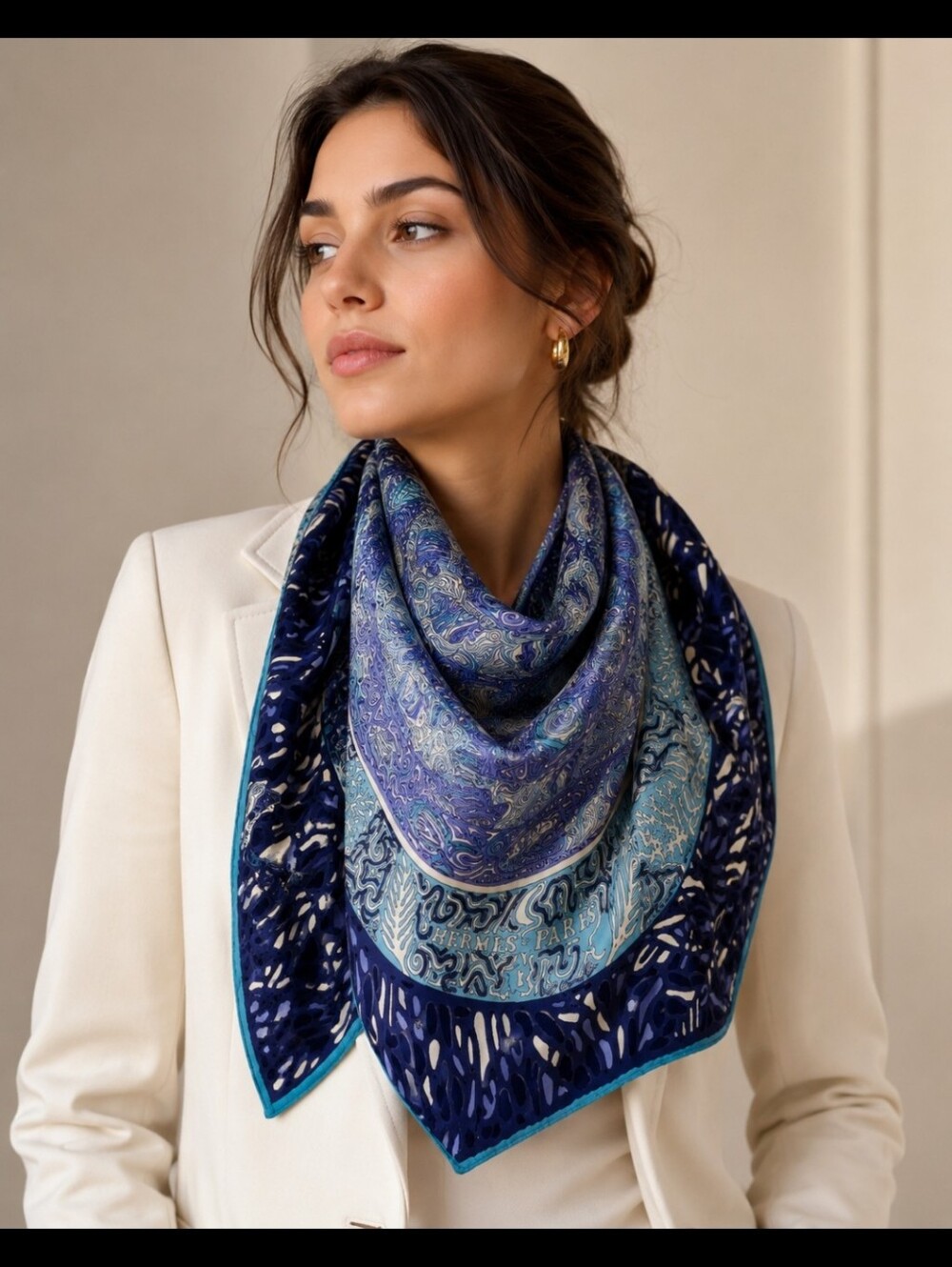 Hermes Blue and Teal Scarf with Cream Accents